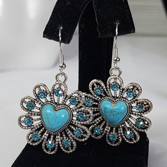 Boho Silver Turquoise Color Natural Stone Heart Flower Earrings New - Picture 4 of 7